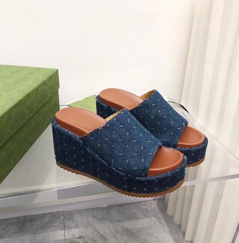 

High Quality Canvas Slippers Womens Slipsole Sandal Luxury Designer Thick-Soled Slippers Fashion Wedge Embroidery Printed Rubber Beach Shoes, 12