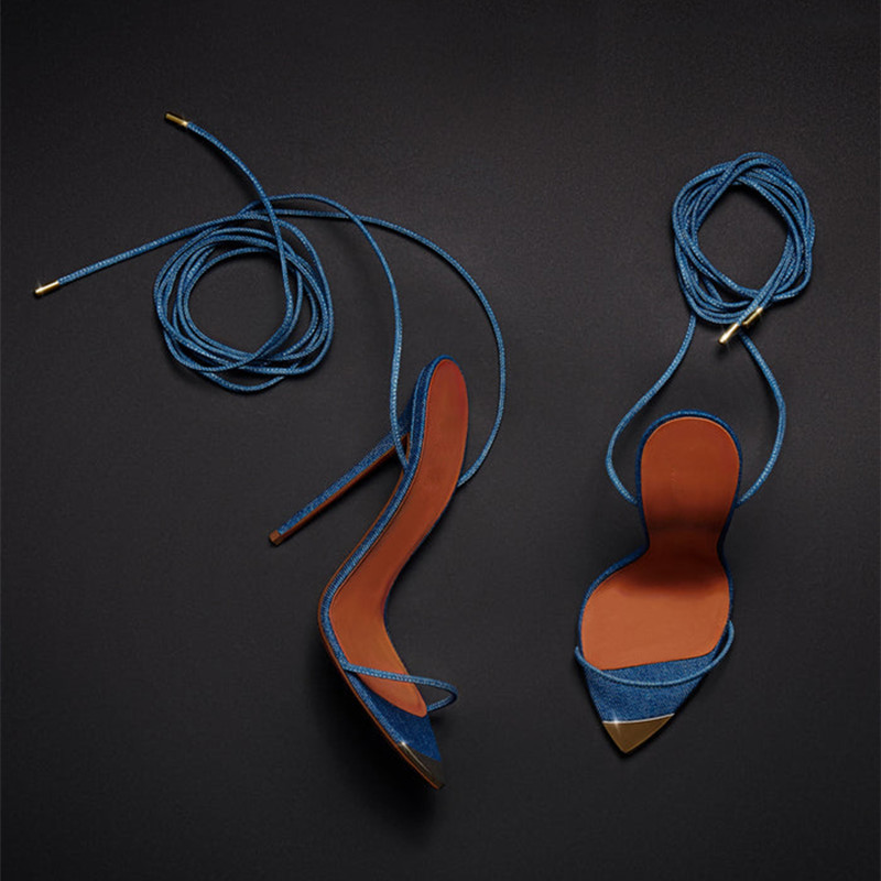 

2022 summer chic high heels designer shoes gladiator blue denim sandals lace up fashion stiletto heel women party plus size 42 43 44 45