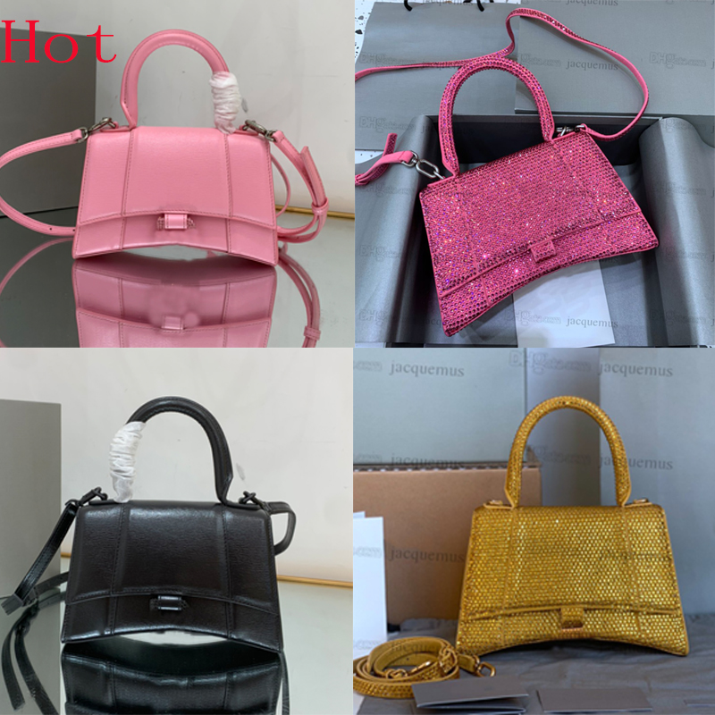 

with box hourglass XS handbag with rhinestones woman bag pink grey suede calfskin womens shoulder corssbody bags diamonds designer top quality b bal purse, I need see other product