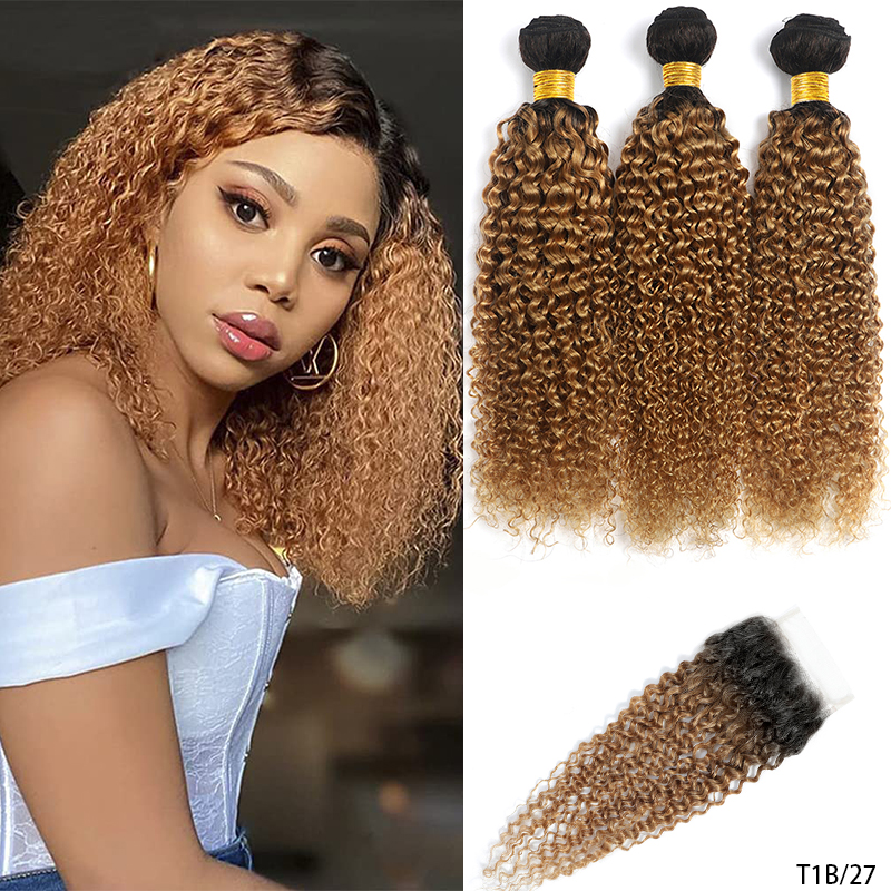 

10A Brazilian Virgin Kinky Curly Bundles With Closure 3 Tones T1B 4 30 Thick Wet And Wavy Curly Bundles 4x4 Closures 4pcs 100% Human Weave Extensions And Lace Closure, Ombre color