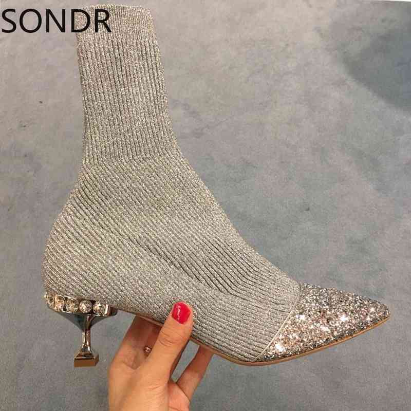 

Womens Sequins Rhinestones Crystal Diamond Stitching Knitting Yarn Ankle Boots Shoes Pointed Toe Stilettos Heel Black New 2022 Y220811, Random gift