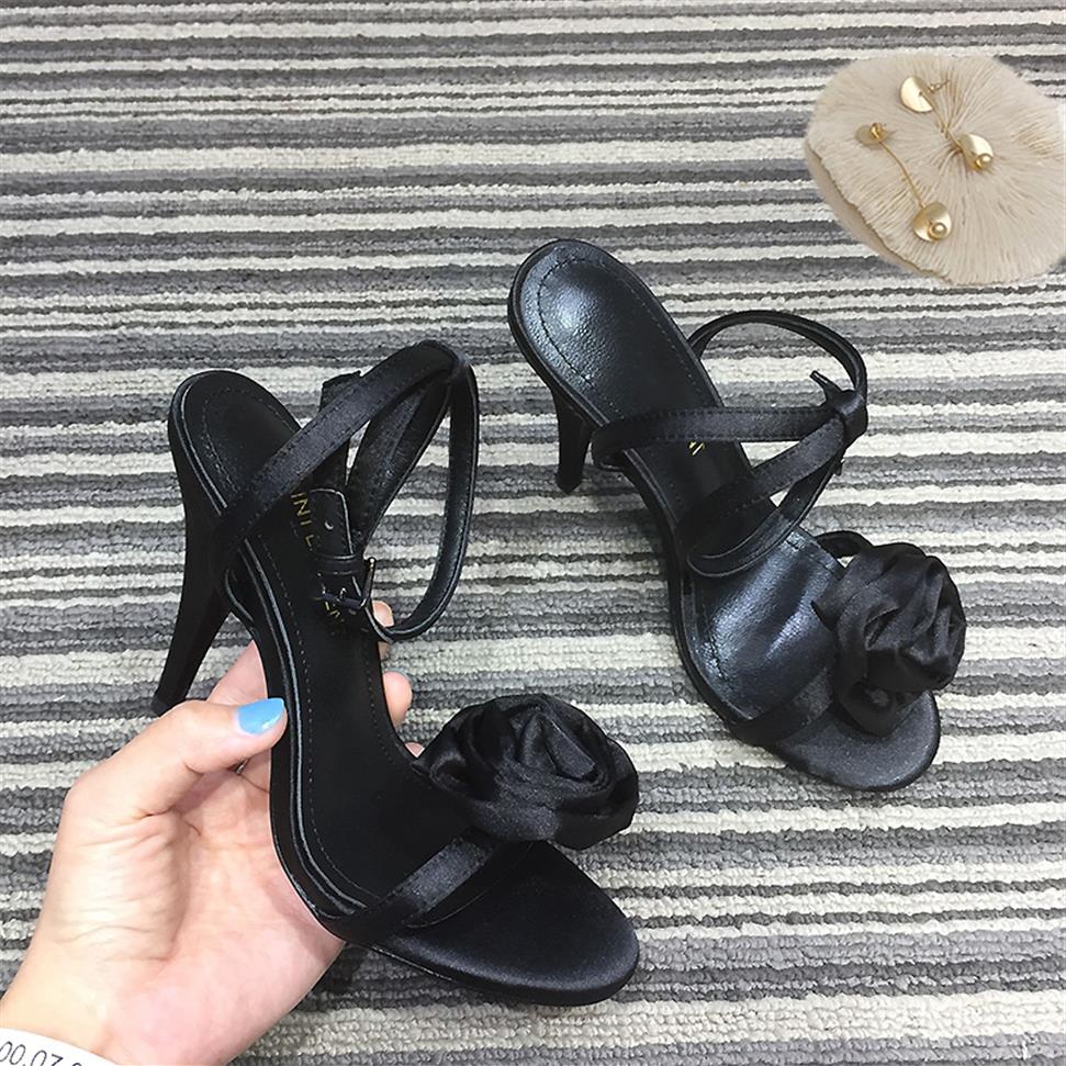 

Women's open-toed Leather Sandals Stiletto silk face rose flower high heels Size35-40 black298C, Black