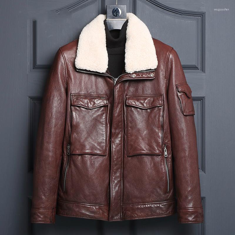 

Men's Leather & Faux Mens Short Wool Lapel Goatskin Genuine Men Slim-Fit Coat Autumn Fashion Motorcycle Jacket, Burgundy