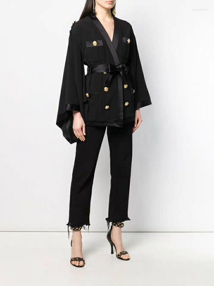 

Women' Suits & Blazers 2022 Spring Fashion Flare Sleeve Blazer Casual Sexy Women V-Neck Celebrity Button Bow Sashes Body Con Wholesale, Black