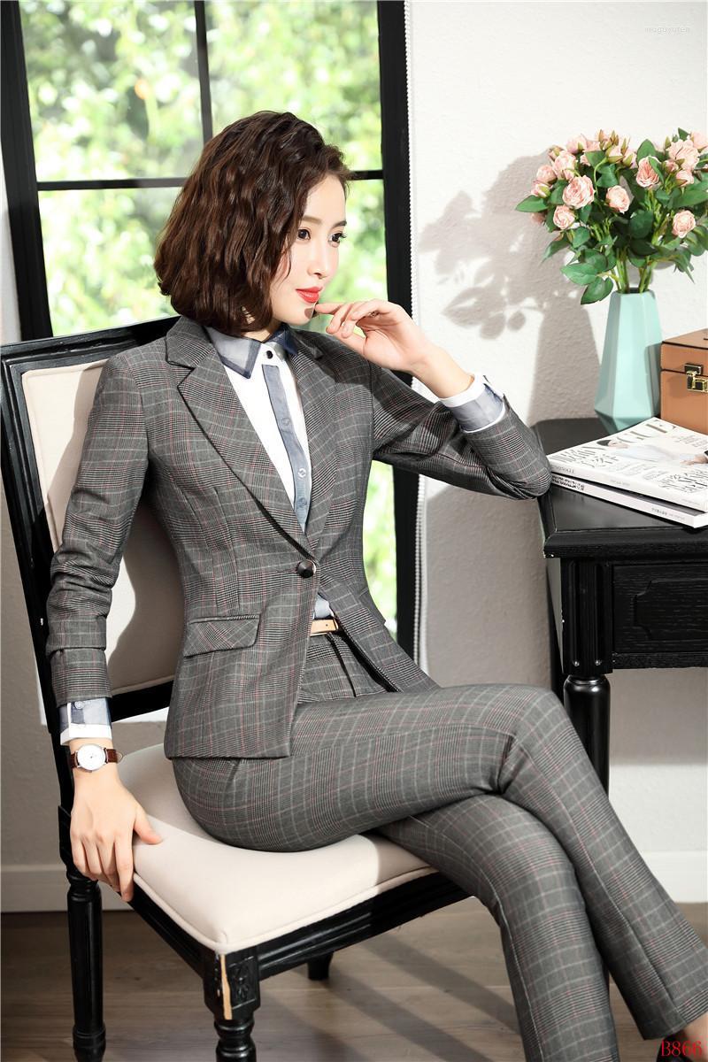 

Women' Suits & Blazers Formal Business With Pants And Jackets Coat For Women Ladies Office Fashion Plaid High Quality Fabric, Grey plaid