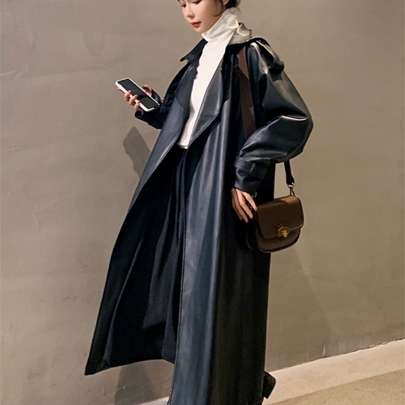 

Nerazzurri Spring Black Oversized Waterproof Leather Trench Coat for Women Long Sleeve Loose Korean Fashion Clothing 220811