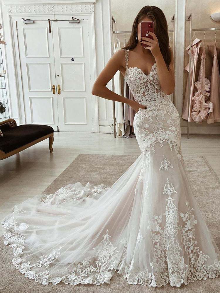 

New Lace Mermaid Wedding Dresses Sweetheart Spaghetti Straps Tulle Appliques Court Train Summer Beach Bridal Gowns, Champagne