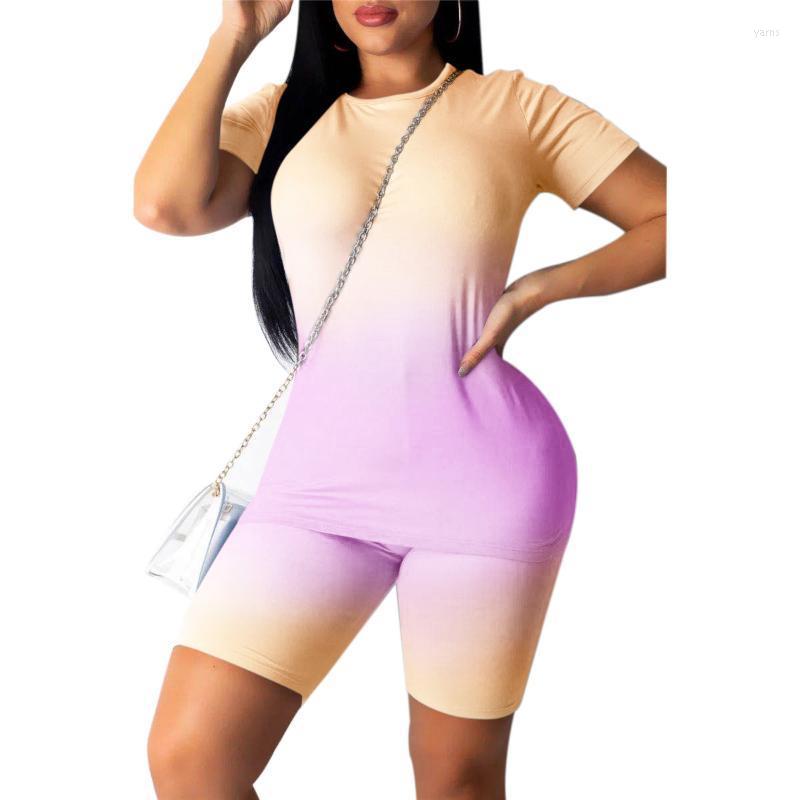 

Women Crop Tops Biker Shorts Gradient Bodycon Matching Set Summer Sportwear Clothes For Shopping Daily Wear Women' Tracksuits