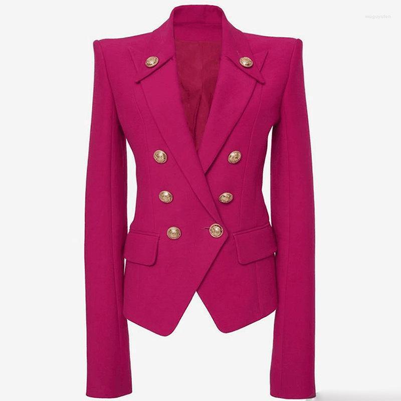 

Women' Suits & Blazers High Quality Rose Red Balzer Women 2022 Autumn Ladies Jacket Classic Gold Metal Double-breasted Buckle Mujer