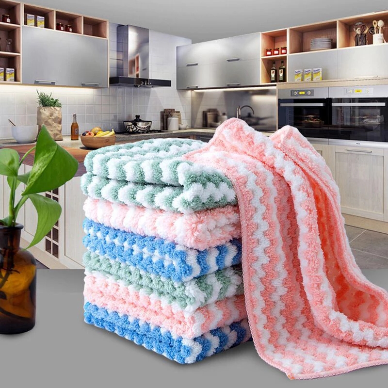 

Kitchen striped rags Coral velvet non-stick oil and lint-free dish towel Thickened bamboo fiber cleaning towel