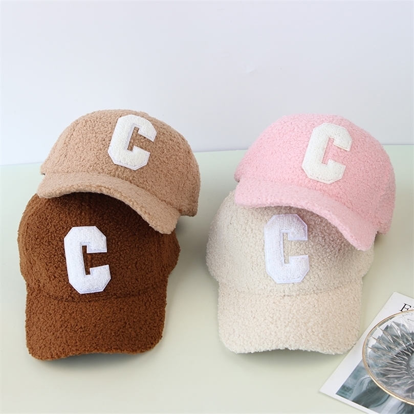

Autumn Winter Letter C Lamb Wool Baseball Caps For Women Men Solid Color Outdoor Adjustable Warm Cap Casual Hip Hop Hat 220811, Cotton white