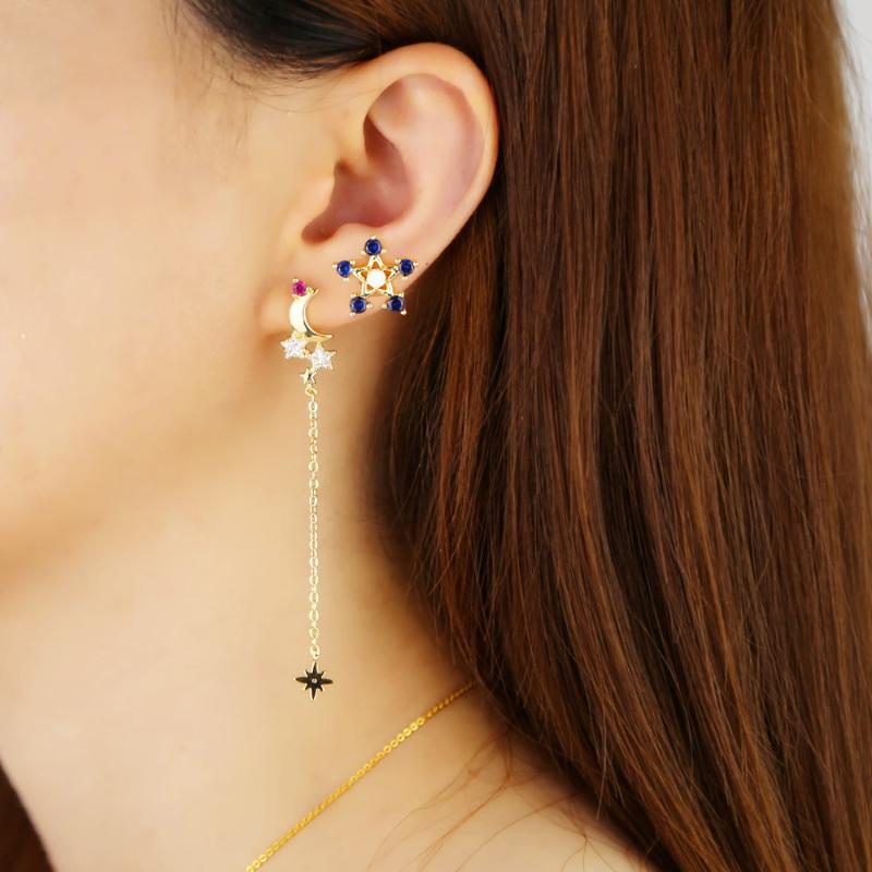 

Dangle & Chandelier Gold Color Long Round Cz Link Chain Tassel Asymmetry Earring White Fire Opal Star Moon Starbrust Design Fashion Women Je