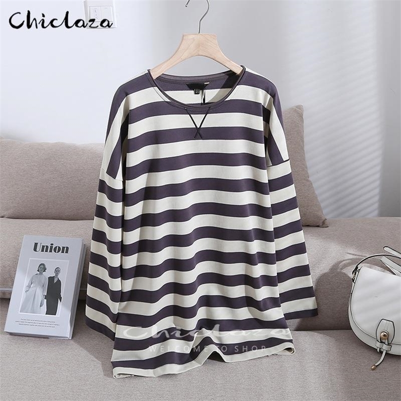 

CHICLAZA Women Spring Autumn Vintage Striped Long Sleeve O-Neck Pullovers Sweatshirt Female Loose Tops 220811, The picture color