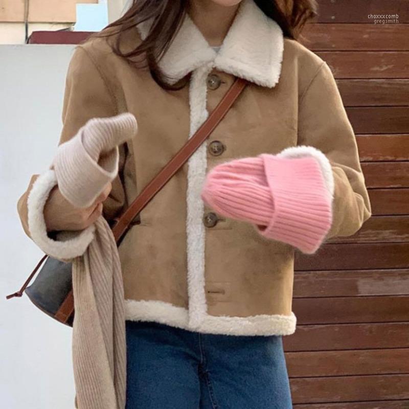 

Women's Jackets Turn Down Collar Single Breasted Arrivals Tide All Match Lambswool Jacket Women Winter Hit Color Long Sleeve Coat, Light coffee