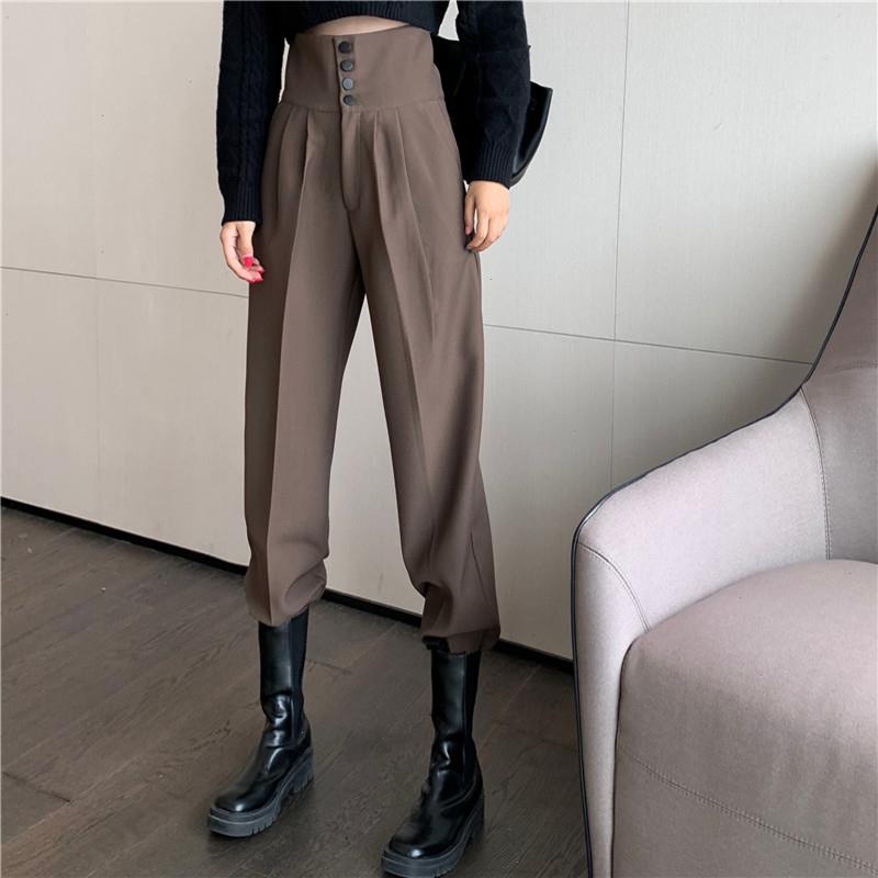 

High Waist Harem Pants For Women Loose Black Solid Spring Trousers Pockets Buttons Decorate Bootcuts Female Casual Wear P9654