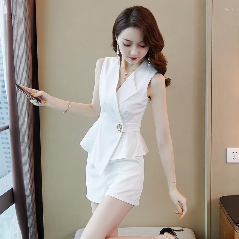 

Office Lady White/Black Work OL Two Piece Set 2022 Summer Women Sleeveless Slim Suit Top Fashion Shorts Suits Outfits Female Women' Tracksu