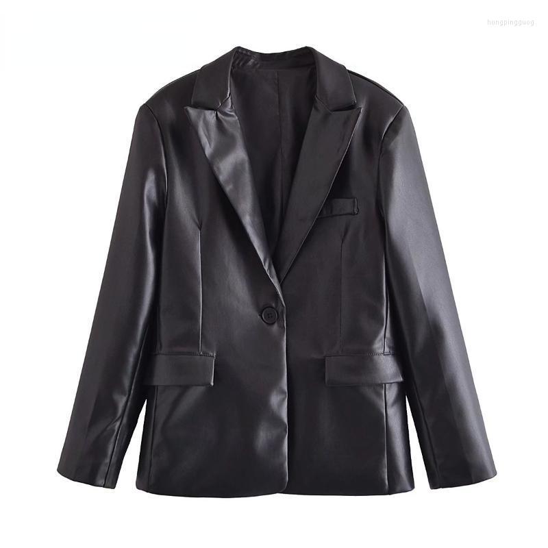 

Women's Suits & Blazers Autumn Faux Leather Jacket Single-breasted Retro Fashion Notched Collar Long-sleeved Suit Motorcycle, Black