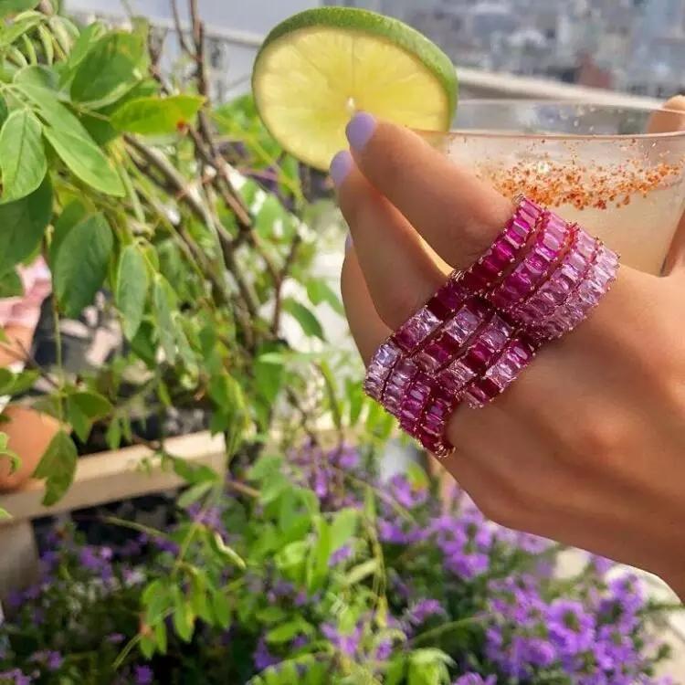 

Cluster Rings Fashion Rainbow Square Baguette Cz Wedding Ring For Women Colorful Pink White Zirconia Eternity Band JewelryCluster