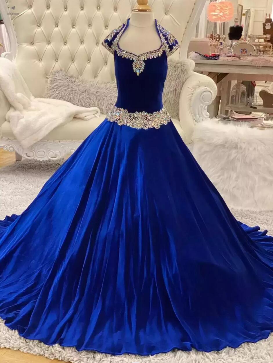 

2022 Royal-Blue Velvet Pageant Dresses for Infant Toddlers Teens Cap Sleeve ritzee roise Ball Gown Long Little Girl Formal Party Gowns Keyhole Back Beading C0811, Silver