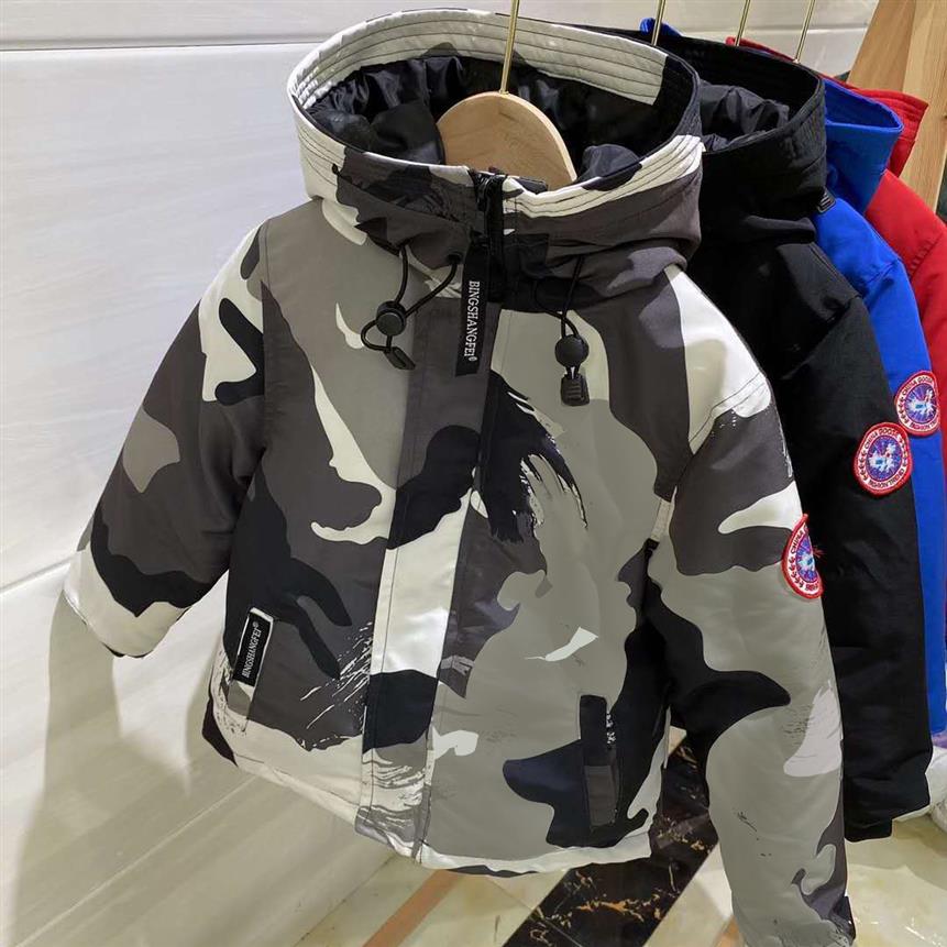 

New winter children's down jacket baby camouflage geese men's and girls' work clothes with hat thick coat short303L, Black