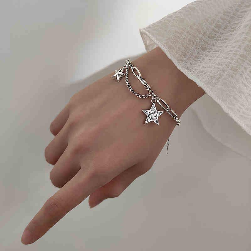 

Link Chain Simple Vintage Star Pentagram Zircon Multilayer Silver Color Bracelet For Women Designer Dainty Jewelry WholesaleLink