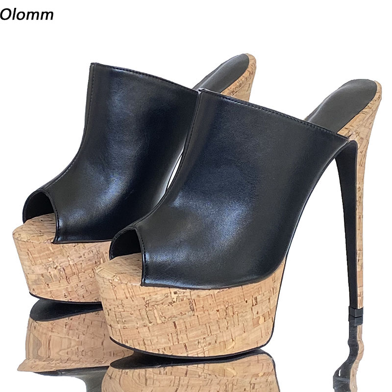 

Olomm Handmade Women Platform Mules Sandals Cork Ultra High Heels Peep Toe Classics Black Casual Shoes Ladies US Plus Size 5-20