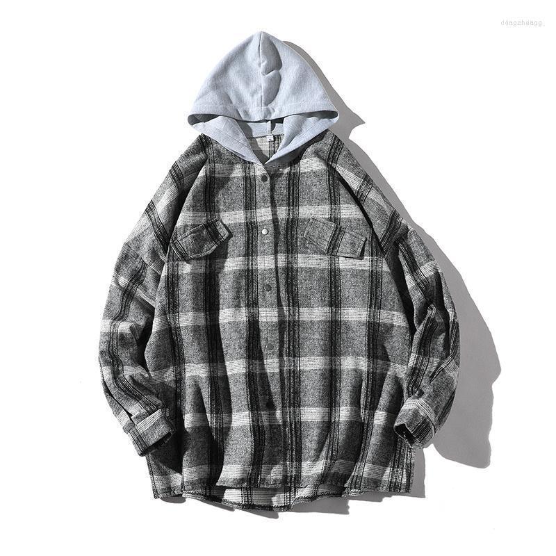 

Men's Casual Shirts Loldeal Hooded Plaid Flannel Button Down Shirt Long Sleeve Vintage Loose Hip Hop Checked, Black