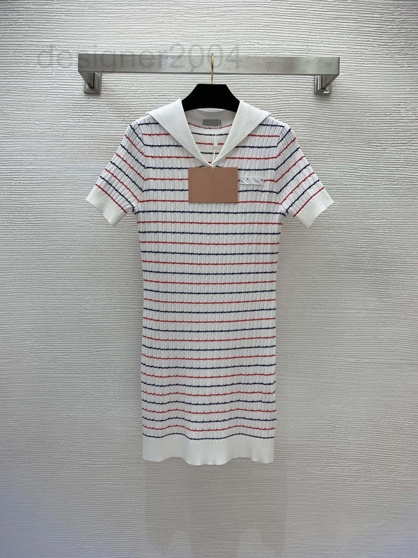 Women's Sweaters designer New summer cool Tencel fabric Navy Cape collar color stripe short sleeve knitted dress A6LB