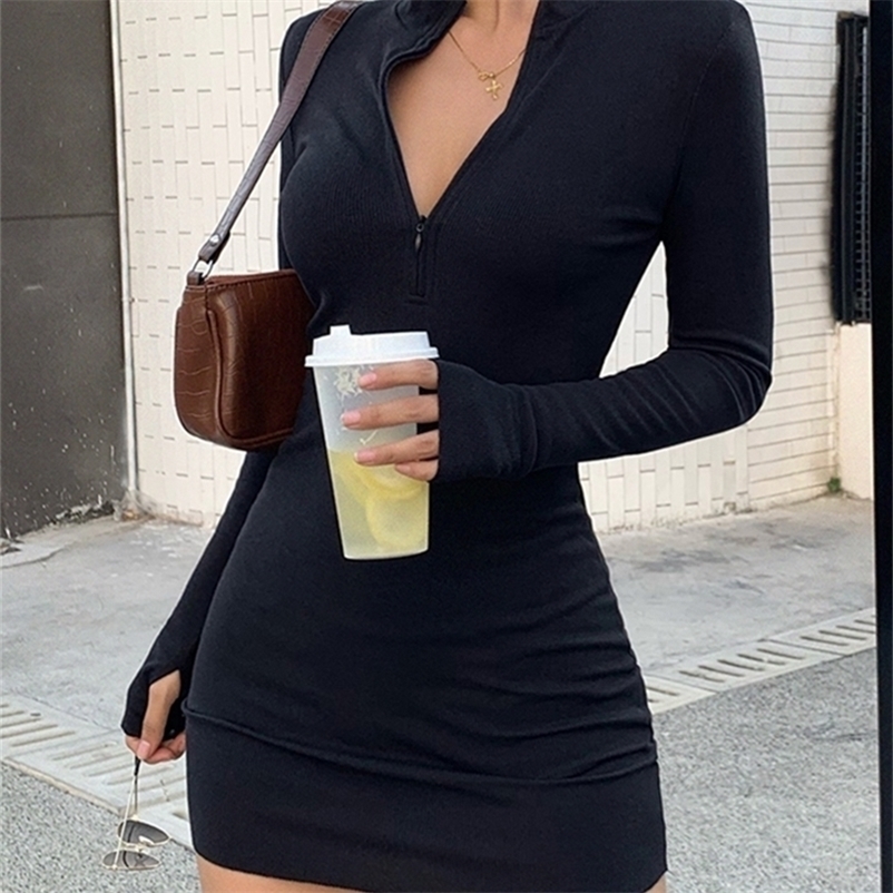 

Macheda Autumn Winter Stretch Slim Soft Ribbed Knitted Turtleneck Dress Woman Fashion Solid Black Casual Bodycon Zip Dress 220811