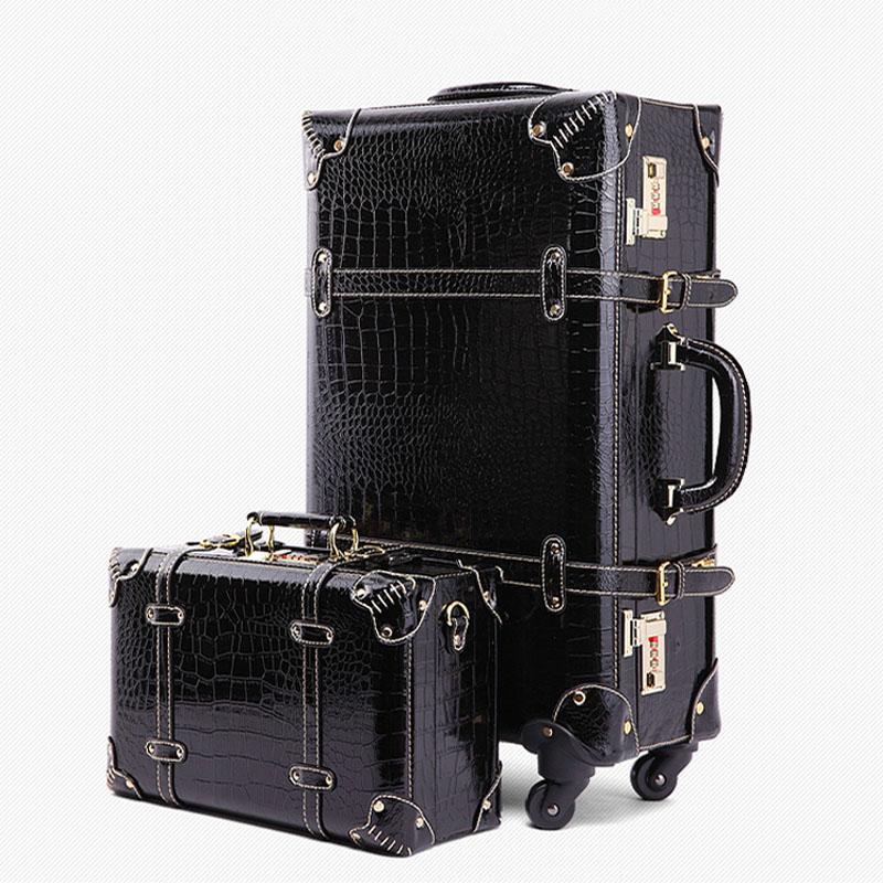

Suitcases Women PU Leather Luxury Crocodile Pattern Rolling Luggage Set With Handbag Retro Black Business Trolley Suitcase Travel BagSuitcas