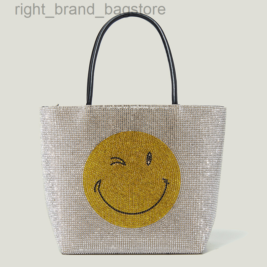 

2022 Summer Smile Face Shoulder Bag Women Rhinestone Crystal Handle Handbag Female Casual Fashion Large Capacity Shopper Purse W220812, Black