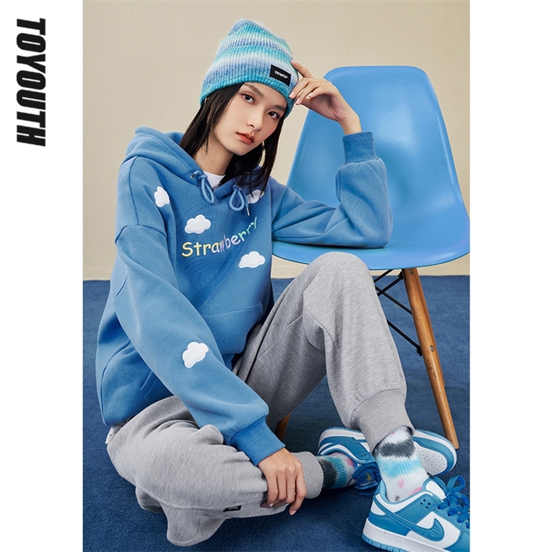 

Toyouth Women Sweatshirts with Hat Spring Autumn Loose Hoodies Sky Letter 3D Embroidered Cotton Lined Casual Chic Pullovers 220811, Sky blue