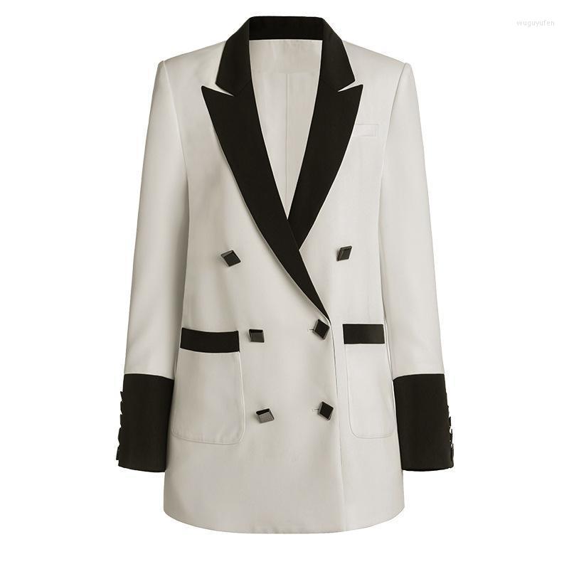 

Women' Suits & Blazers Quality Classic Notched Collar Long Sleeve Contrast Color Suit Loose Personality Diamond Button Office Lady Atmosphe, White
