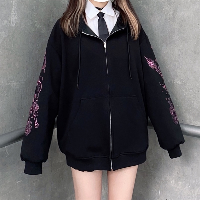 

Punk Graphic Printed Hoodies Women Vintage Black Zipper Ribbon Oversize Sweatshirt Female 90s Harajuku Streetwear Jacket 220811, Ea00513-black