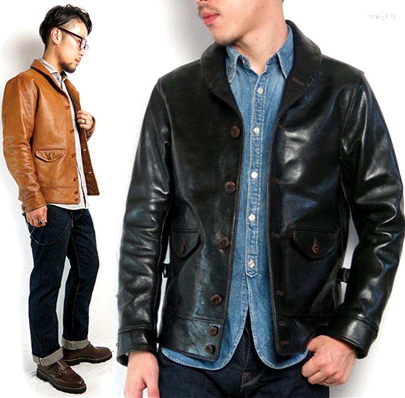

Men' Leather & Faux Version Genuine Japanese Cossack Style Jacket Shawl Collar Campus Coat Orange Brown, Black