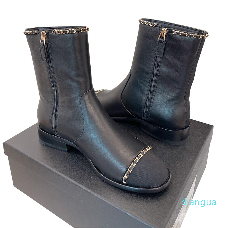

Winter Womens Ankle Boots Classic Black Shoe With Chain Chunky Heel 7cm /3cm Fall Designer Retro Black Lambskin Knight Rainboots Snow Fashion Boot Genuine Leather