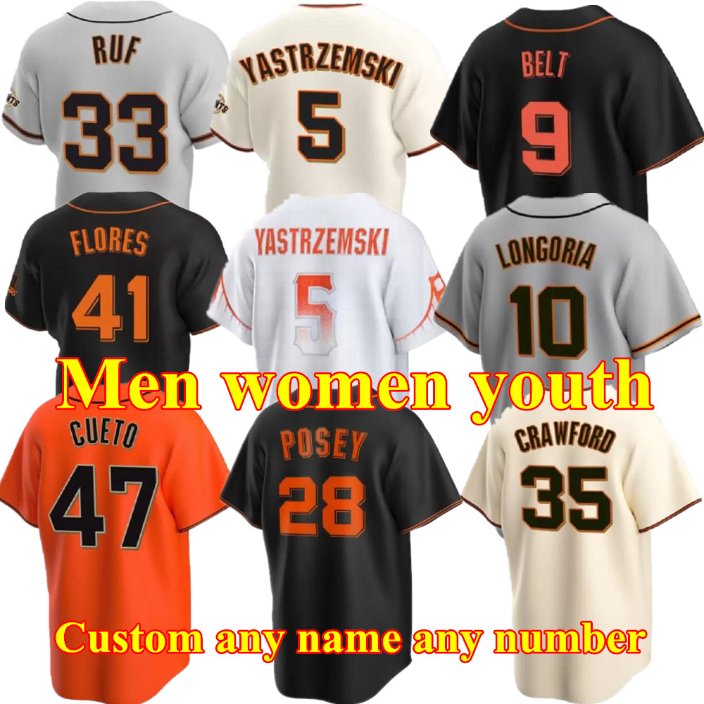 

2022 Custom Buster Posey Jersey 35 Brandon Crawford 5 Mike Yastrzemski 9 Brandon Belt Johnny Cueto Will Clark Evan Longoria Gabe Kapler Pence Bonds baseball jerseys, As pic
