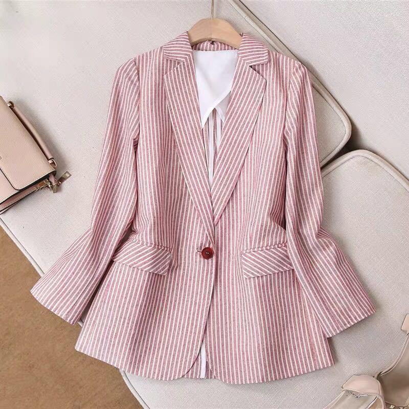 

Women' Suits & Blazers Spring Summer Women Linen Stripe And Suit Jackets Female Breathable Cotton Blazer Femenino Ladies, Pink