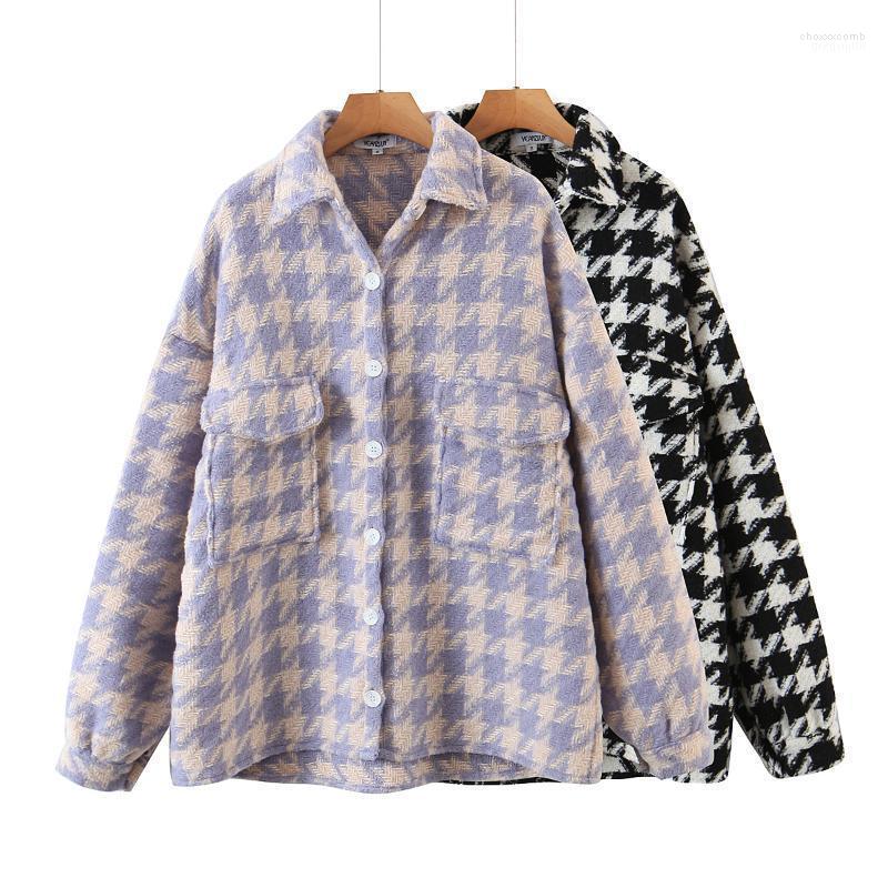 

Women' Jackets Winter For Women Vintage Black Tweed Designer Button Up Shirt Jacket Casual Oversized Houndstooth Purple