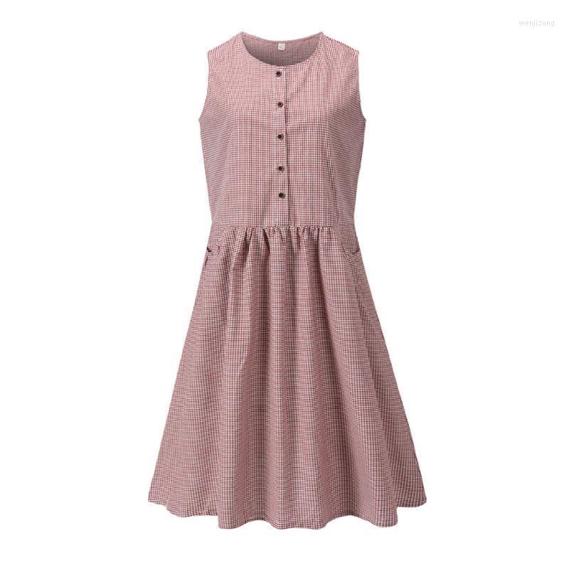 

Casual Dresses Women Cotton And Linen Dress Tide Solid Sleeveless Summer Office Loose Long With Pocket Vestidos, Red