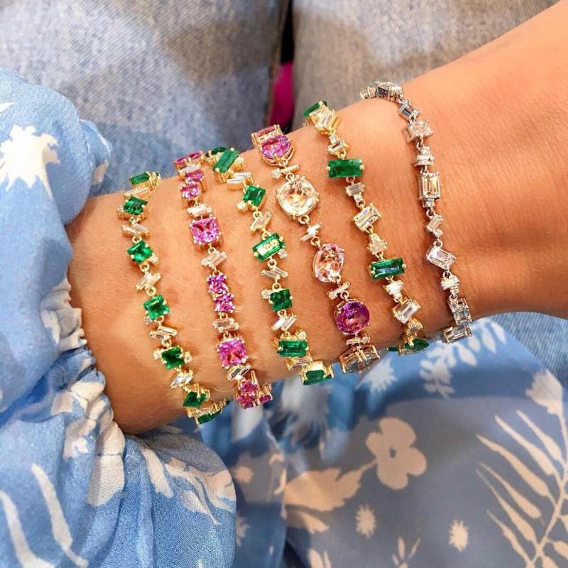 

Link Chain Gold Color Micro Pave Square Pink Green White Cz Stone Women Gift High Quality Luxury Gorgeous Colourful BraceletsLink