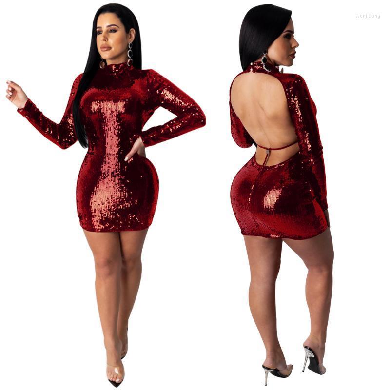 

Casual Dresses Tmustobe Sexy Sequins Mini Dress Women Backless Party Club Lace Up Bodycon Long Sleeve Short Hollow Out Vestidos, Black