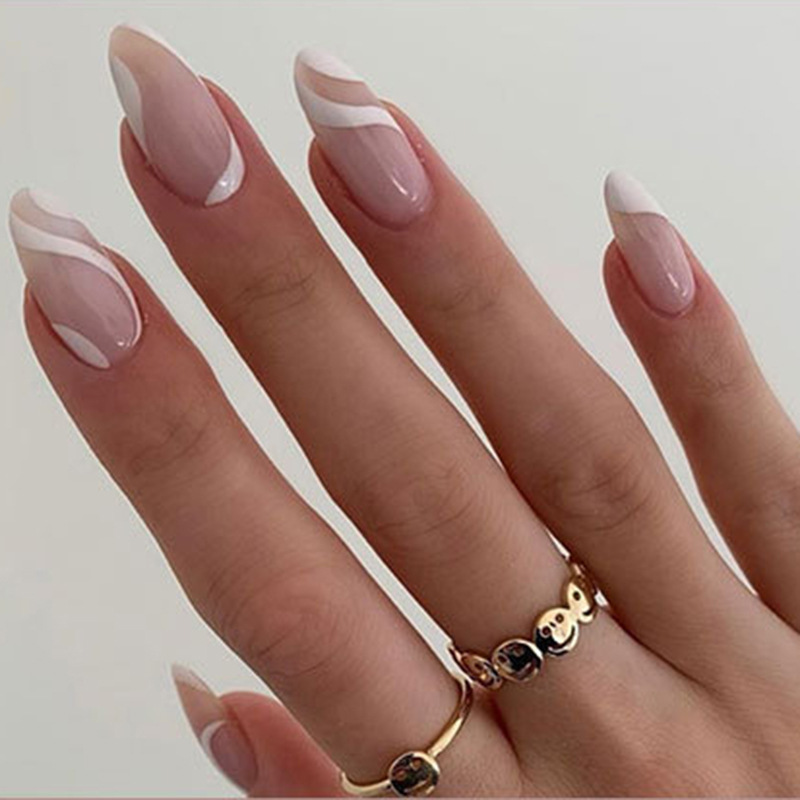 Short Almond Nails Set of 24 PCS Press on Fake Fingernails Striped Full Cover False Nails-image-788758158