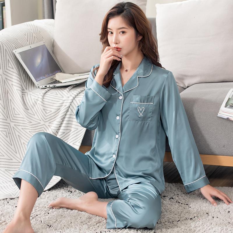 

Spring Autumn Ladies Silk Pajamas Thin Long Sleeve Suit Sleepwear Women Pajama Set