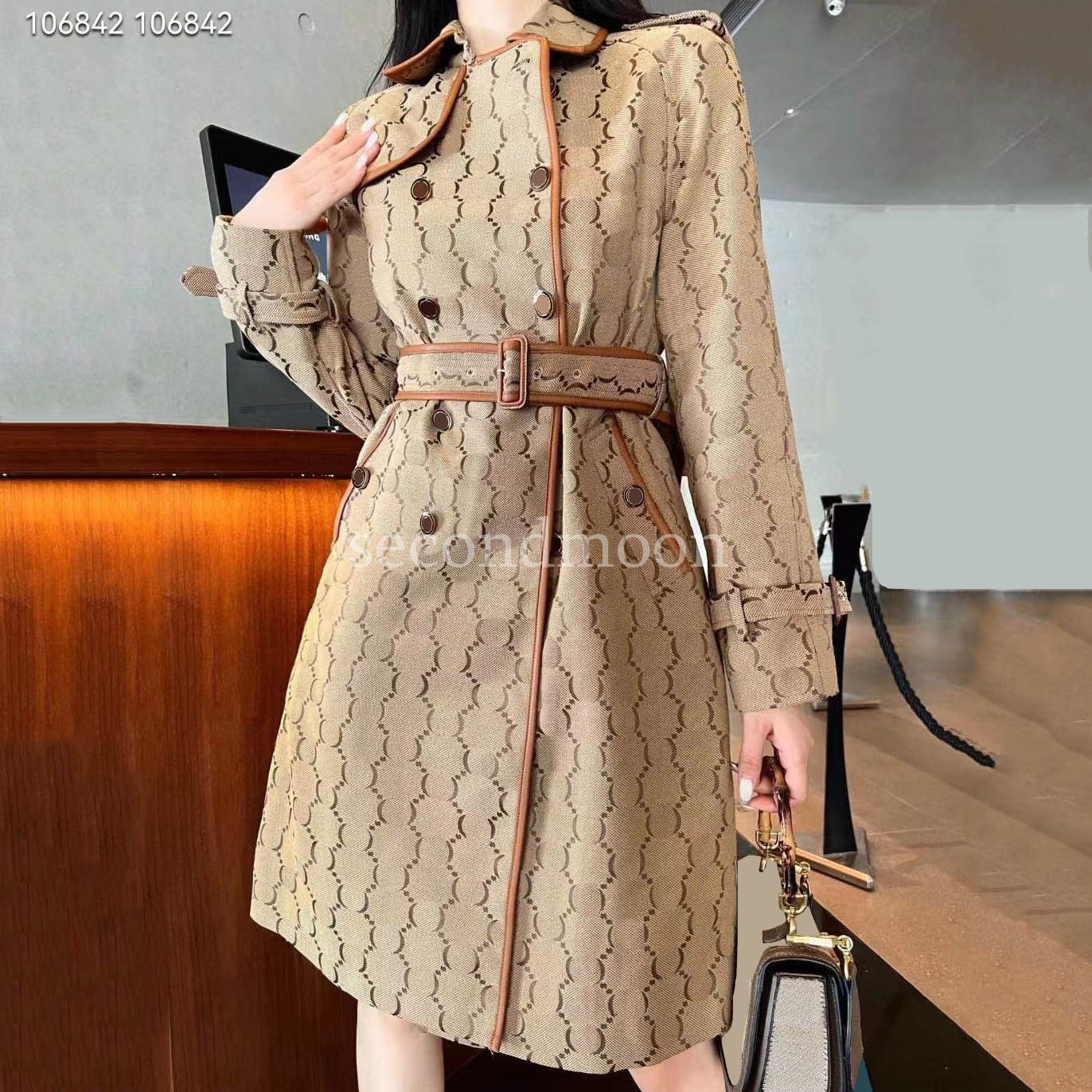 

Double Breasted Trench Coats Women Winter Windproof Jacket Letter Jacquard Luxury Coat Lapel Neck Outerwear with Belt, Extra shipping fee