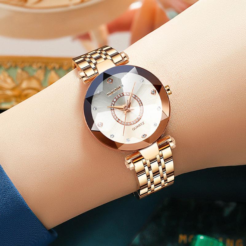 

Wristwatches 1Set Brand Women Fashion Quartz Watch Waterproof Watches Stainless Steel Strap Buckle Lady Diamond WatchWristwatches, Rose blue red belt