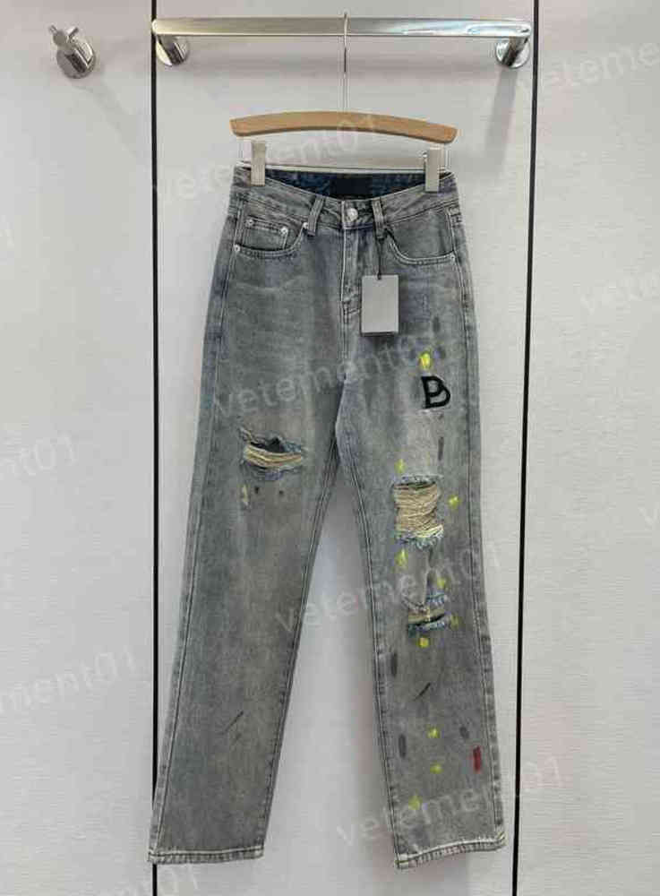 

Designer Womens Retro Hole Jeans Ba..ci Brand Letter Logo Print Jeans Vintage Ripped Mid-rise Straight Painted Trousers Luxury Women Pants Designer Clothing