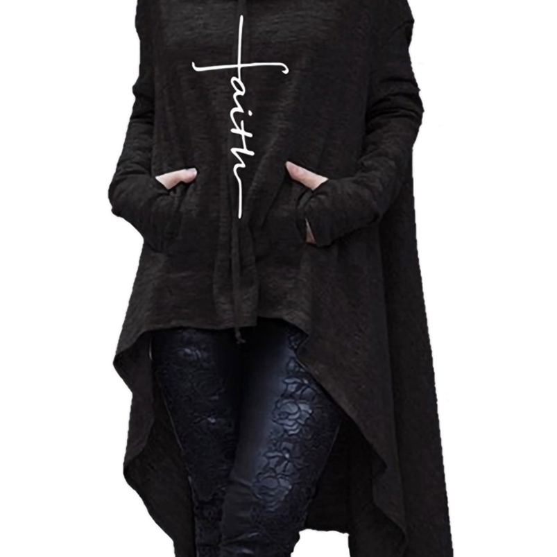 

Faith Letter Embroidered Long Hoodies Women Long Sleeve Irregular Hem Pocket Sweatshirt Female Pullover Tops 220811, Red