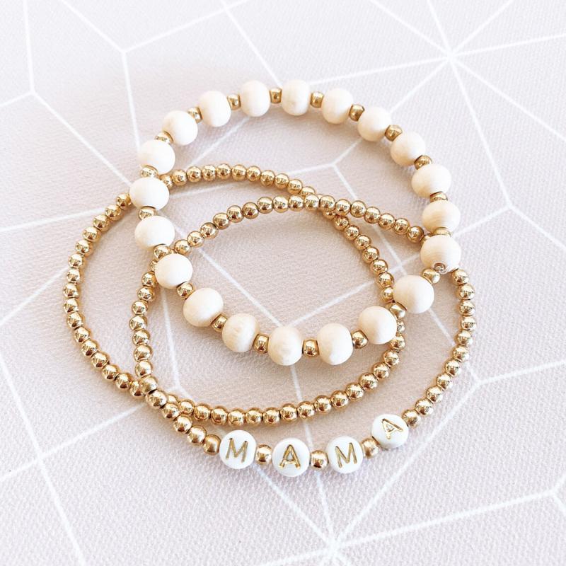 

Bangle 3pcs/Set Mama Bracelet For Mom Beaded Wristband Set Wooden Bead Bungee Cord Jewelry Mother's Day Gift 2022 DesignBangle