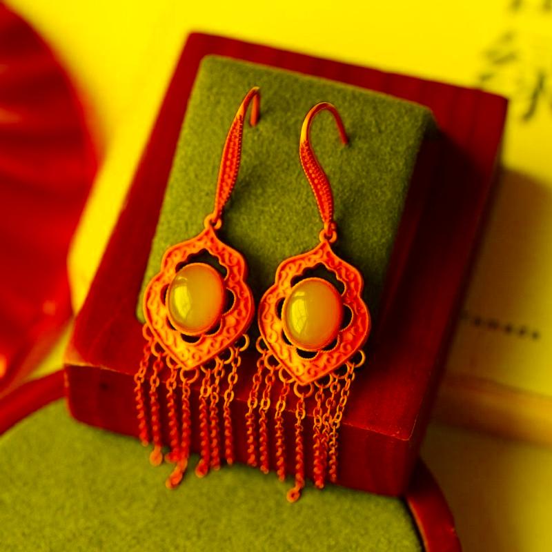 

Dangle & Chandelier Natural Hetian Jade Jasper Geometric Tassel Earrings Chinese Style Retro Unique Ancient Gold Craft Charm Female Silver J